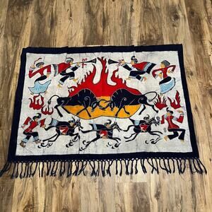 Indonesian Batik Tapestry Wall Hanging Colorful Horses Bulls Traditional